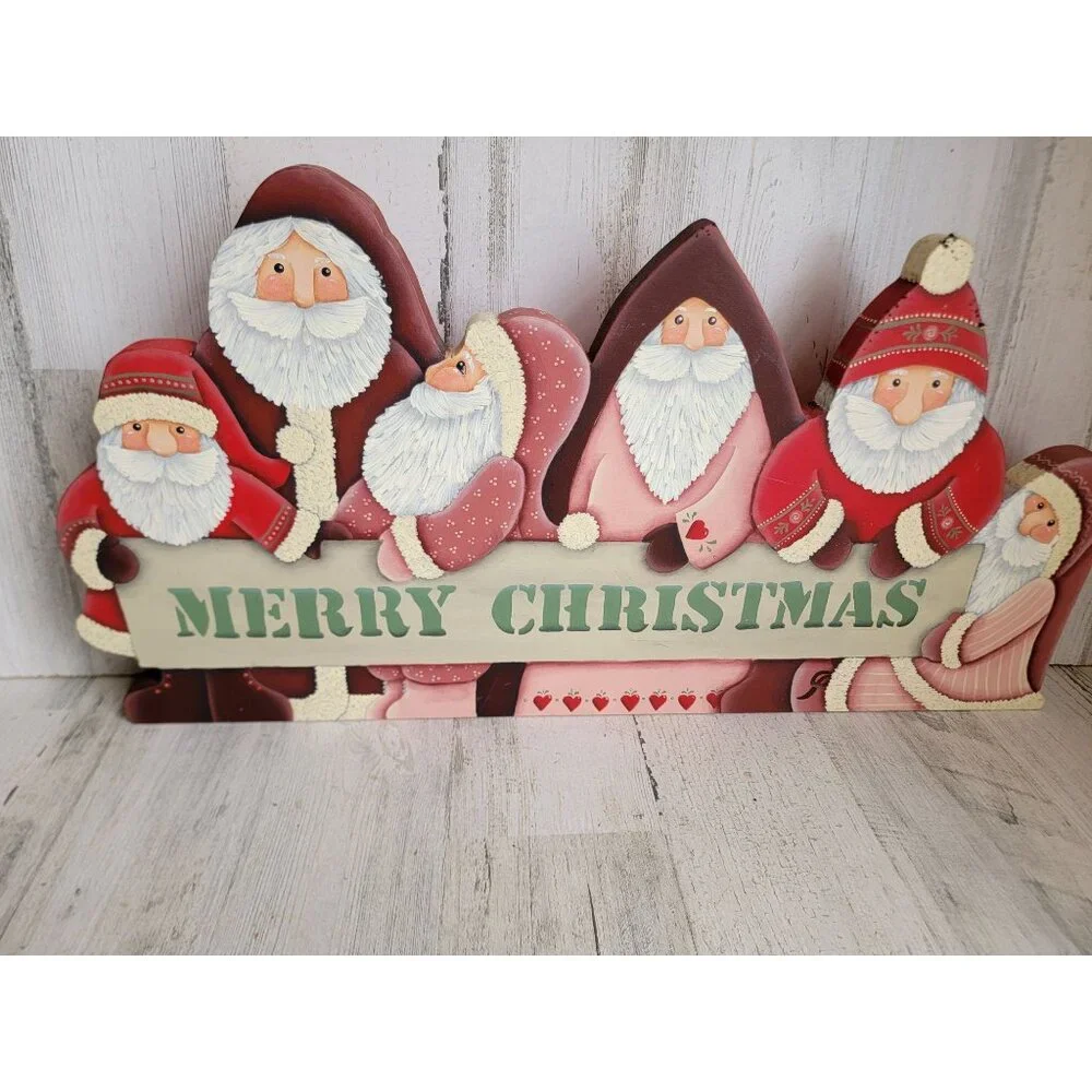 Vintage wooden Santa Claus Merry Xmas home‎ decor figure sign